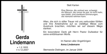 Todesanzeige von Gerda Lindemann von KREISZEITUNG SYKE