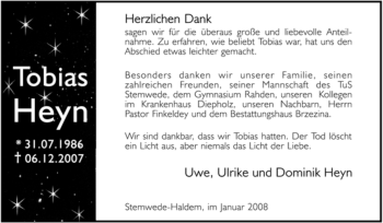 Todesanzeige von Tobias Heyn von KREISZEITUNG SYKE