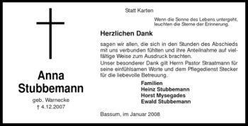 Todesanzeige von Anna Stubbemann von KREISZEITUNG SYKE