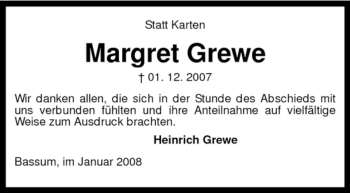 Todesanzeige von Margret Grewe von KREISZEITUNG SYKE
