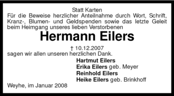 Todesanzeige von Hermann Eilers von KREISZEITUNG SYKE
