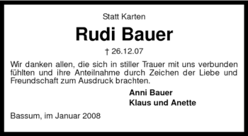 Todesanzeige von Rudi Bauer von KREISZEITUNG SYKE