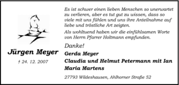 Todesanzeige von Jürgen Meyer von KREISZEITUNG SYKE
