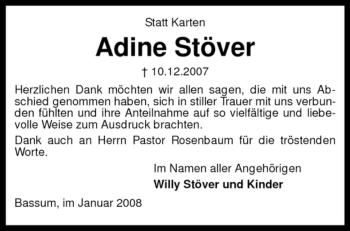 Todesanzeige von Adine Stöver von KREISZEITUNG SYKE