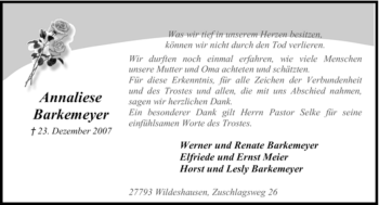 Todesanzeige von Annaliese Barkemeyer von KREISZEITUNG SYKE