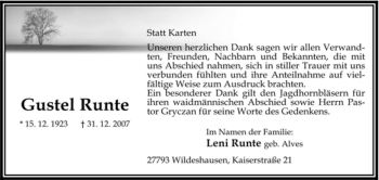 Todesanzeige von Gustel Runte von KREISZEITUNG SYKE