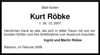 Todesanzeige von Kurt Röbke von KREISZEITUNG SYKE