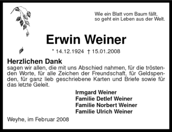 Todesanzeige von Erwin Weiner von KREISZEITUNG SYKE