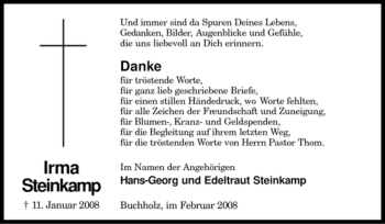 Todesanzeige von Irma Steinkamp von KREISZEITUNG SYKE