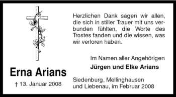 Todesanzeige von Erna Arians von KREISZEITUNG SYKE