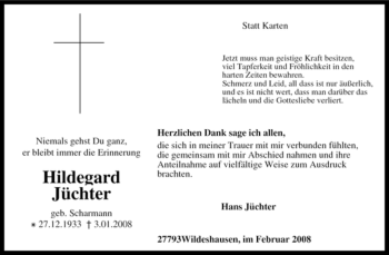 Todesanzeige von Hildegard Jüchter von KREISZEITUNG SYKE