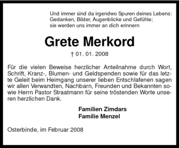 Todesanzeige von Grete Merkord von KREISZEITUNG SYKE