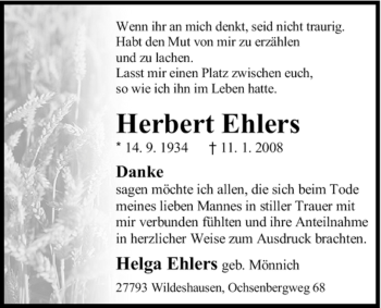 Todesanzeige von Herbert Ehlers von KREISZEITUNG SYKE