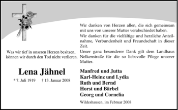 Todesanzeige von Lena Jähnel von KREISZEITUNG SYKE