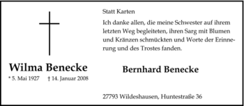Todesanzeige von Wilma Benecke von KREISZEITUNG SYKE