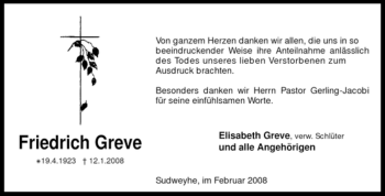 Todesanzeige von Friedrich Greve von KREISZEITUNG SYKE