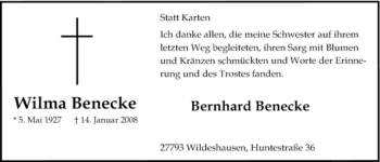 Todesanzeige von Wilma Benecke von KREISZEITUNG SYKE