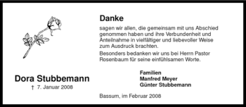 Todesanzeige von Dora Stubbemann von KREISZEITUNG SYKE