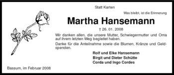 Todesanzeige von Martha Hansemann von KREISZEITUNG SYKE