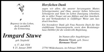 Todesanzeige von Irmgard Stuwe von KREISZEITUNG SYKE