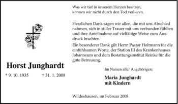 Todesanzeige von Horst Junghardt von KREISZEITUNG SYKE