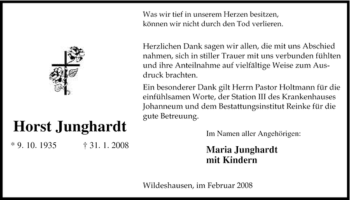 Todesanzeige von Horst Junghardt von KREISZEITUNG SYKE