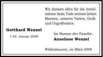 Todesanzeige von Gotthard Wenzel von KREISZEITUNG SYKE