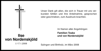 Todesanzeige von Ilse von Nordenskjöld von KREISZEITUNG SYKE