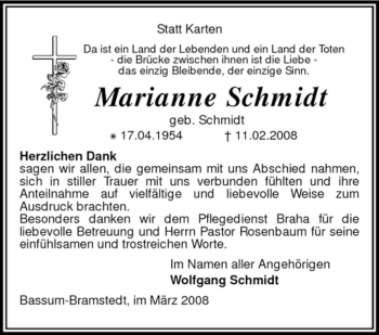 Todesanzeige von Marianne Schmidt von KREISZEITUNG SYKE