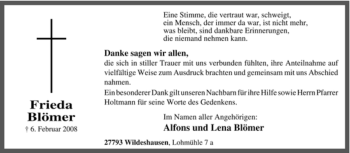 Todesanzeige von Frieda Blömer von KREISZEITUNG SYKE