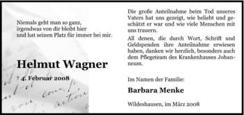 Todesanzeige von Helmut Wagner von KREISZEITUNG SYKE
