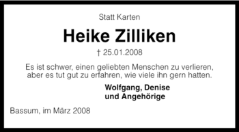 Todesanzeige von Heike Zilliken von KREISZEITUNG SYKE