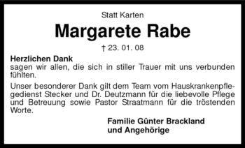 Todesanzeige von Margarete Rabe von KREISZEITUNG SYKE