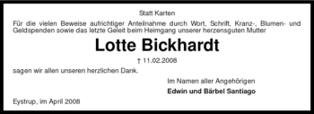 Todesanzeige von Lotte Bickhardt von KREISZEITUNG SYKE