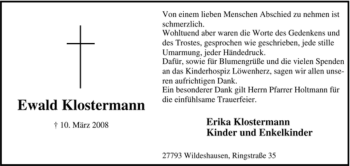 Todesanzeige von Ewald Klostermann von KREISZEITUNG SYKE