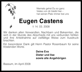Todesanzeige von Eugen Castens von KREISZEITUNG SYKE