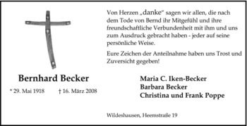 Todesanzeige von Bernhard Becker von KREISZEITUNG SYKE