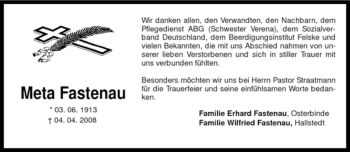 Todesanzeige von Meta Fastenau von KREISZEITUNG SYKE