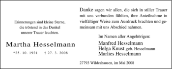 Todesanzeige von Martha Hesselmann von KREISZEITUNG SYKE