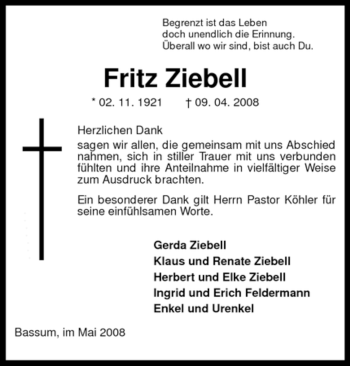 Todesanzeige von Fritz Ziebell von KREISZEITUNG SYKE