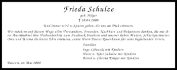 Todesanzeige von Frieda Schulze von KREISZEITUNG SYKE