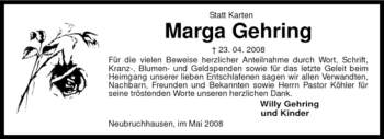 Todesanzeige von Marga Gehring von KREISZEITUNG SYKE