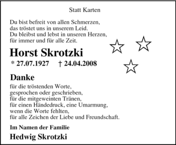 Todesanzeige von Horst Skrotzki von KREISZEITUNG SYKE