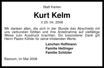 Todesanzeige von Kurt Kelm von KREISZEITUNG SYKE