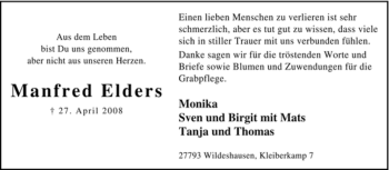 Todesanzeige von Manfred Elders von KREISZEITUNG SYKE