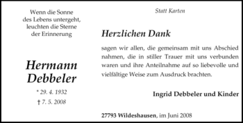 Todesanzeige von Hermann Debbeler von KREISZEITUNG SYKE