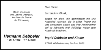 Todesanzeige von Hermann Debbeler von KREISZEITUNG SYKE
