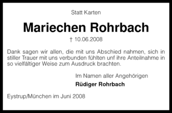 Todesanzeige von Mariechen Rohrbach von KREISZEITUNG SYKE