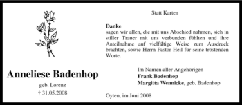 Todesanzeige von Anneliese Badenhop von KREISZEITUNG SYKE