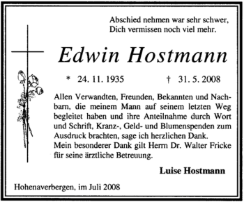 Todesanzeige von Edwin Hostmann von KREISZEITUNG SYKE